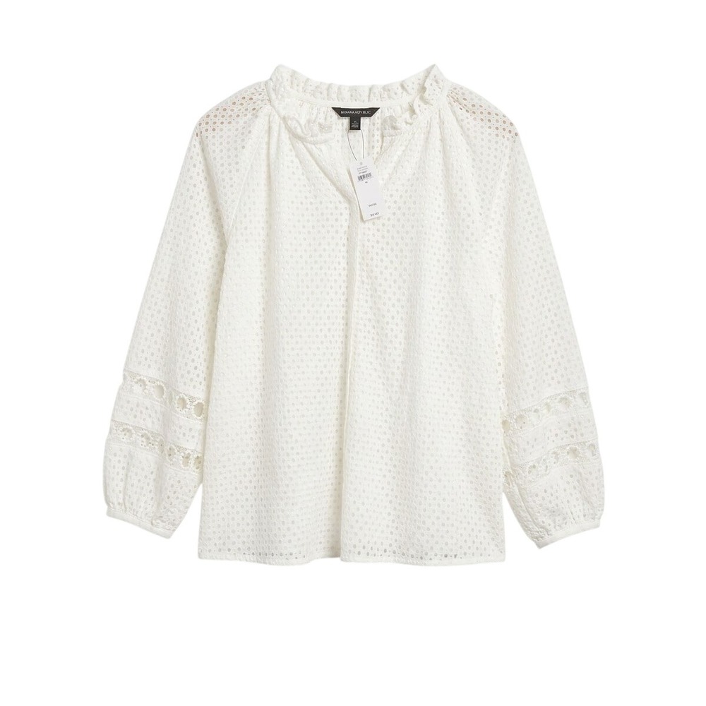 Banana Republic Eyelet Blouse Womens Medium White Ruffle Neck Balloon Sleeve NWT